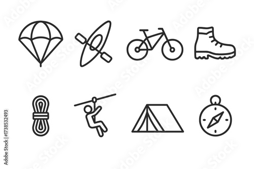 Adventure Icon Set. Outline icon set of adrenaline in adventure: parachute, kayak, mountain bike, hiking boot, climbing rope, zip line, camping tent, compass.