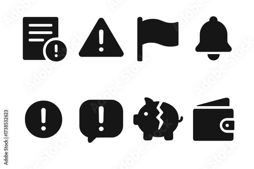 Financial Alert Icons. Solid, filled icon set of financial trouble alerts: overdue notice, warning, red flag, alarm, exclamation mark, notification, broken