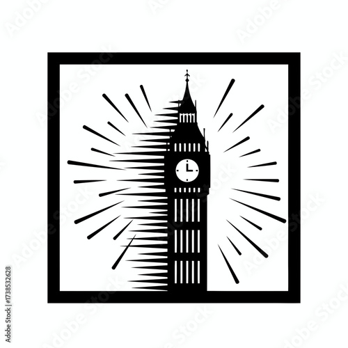 Vector art of stylized black and white illustration of big ben with radiating lines