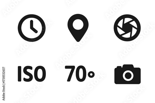 Photo Metadata Icons. Solid, filled icon set of photo metadata: timestamp, geolocation pin, aperture icon, shutter speed, ISO value, focal length, camera