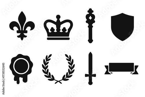 Court Symbols Icon Set. Solid, filled icon set of court symbols: fleur-de-lis, crown, scepter, shield, royal seal, laurel wreath, sword, banner. Solid, filled
