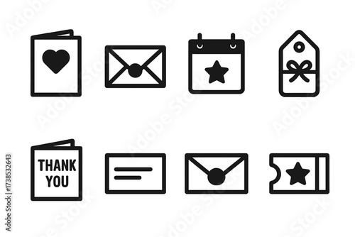 Celebration Invitation Icons. Solid, filled icon set of celebration invitations: invitation card, RSVP envelope, calendar, gift tag, thank you card, address