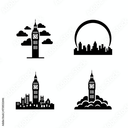 Vector art of set of stylized london skyline elements featuring big ben and various buildings