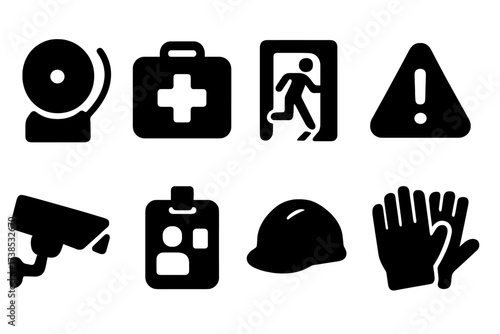 Office Safety Icons. Solid, filled icon set of office safety: fire alarm, first aid kit, emergency exit, safety sign, security camera, access card, helmet,