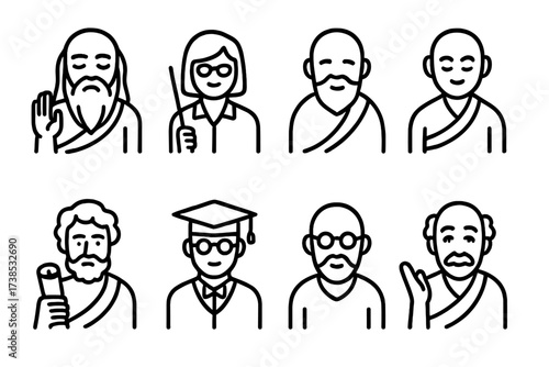 Wise People Icons. Outline icon set of wise people: sage, teacher, elder, monk, philosopher, scholar, mentor, storyteller. Line icons in only black color,