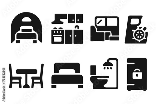 Yacht Interiors Icons. Solid, filled icon set of yacht interiors: cabin, galley, lounge, helm, dining table, bed, bathroom, storage locker. Solid, filled icons