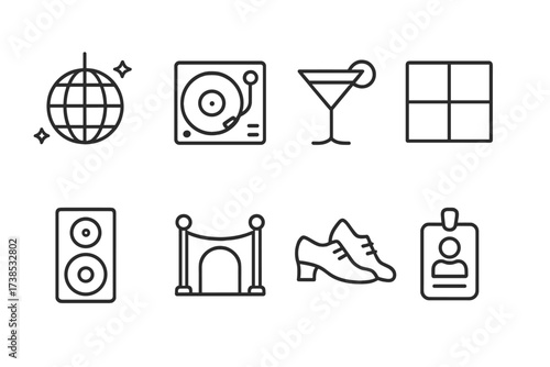 Club Essentials Icons. Outline icon set of club essentials: disco ball, DJ turntable, cocktail glass, dance floor, speaker, nightclub entrance, dance shoes,