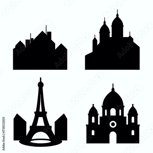 Vector art of compilation of black silhouette building outlines, showcasing diverse architectural styles from european cities and iconic structures