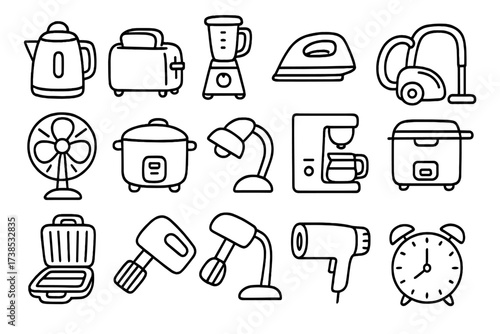 Doodle Home Appliances. Hand-drawn doodle illustration Portable home appliances kettle, toaster, blender, iron, vacuum cleaner, fan, heater, rice cooker,
