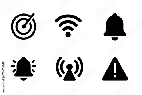 Impulses Icon Grid. Solid, filled icon set of impulse signals: radar pulse, sonar, wireless signal, notification bell, alarm, notification badge, radio wave,