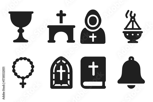 Feudal Religion Icons. Solid, filled icon set of feudal religion and rituals: chalice, altar, monk, incense burner, stained glass window, bible, rosary beads,
