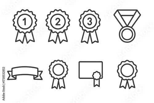 Award Ribbon Icons. Outline icon set of award ribbons: first place ribbon, second place ribbon, third place ribbon, medal ribbon, winner ribbon, prize rosette,