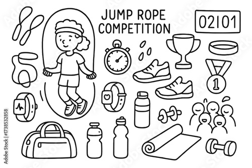 Jump Rope Challenge Icons. Hand-drawn doodle illustration jump rope competition jump rope, stopwatch, trophy, medal, scoreboard, sneakers, sweat droplets,