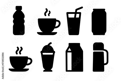 Lunch Beverage Icons. Solid, filled icon set of lunch beverages: water bottle, coffee cup, juice glass, soda can, tea cup, smoothie, milk carton, thermos.