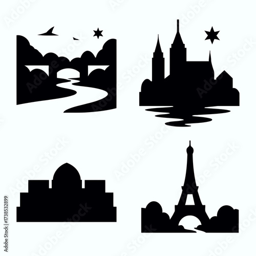 Vector art of collection of black silhouette landmarks and cityscapes, including bridges, castles, and famous monuments