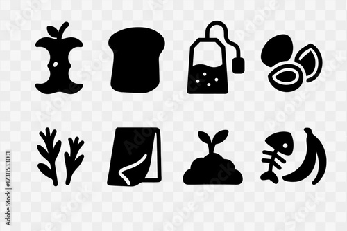Organic Waste Icons. Solid, filled icon set of organic waste types: fruit core, bread crust, tea bag, nutshells, vegetable stems, paper towel, yard waste, food