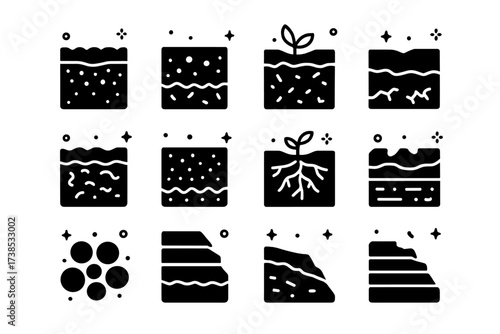 Soil Profile Icons. Soil profile. Solid icons set of topsoil, subsoil, parent material, bedrock, organic layer, sandy horizon, root system, soil pore space,