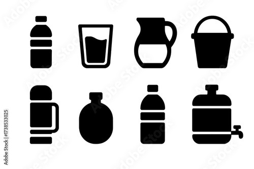 Water Container Icons. Solid, filled icon set of water containers: water bottle, glass of water, jug, bucket, thermos, canteen, plastic bottle, water tank.