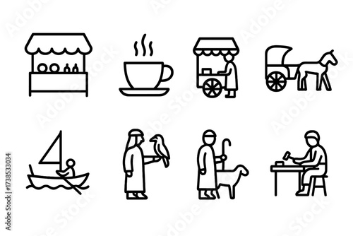 Lebanese Life Icons. Outline icon set of Lebanese daily life: souk market, coffee cup, street vendor, horse carriage, fishing boat, falconer, shepherd, artisan