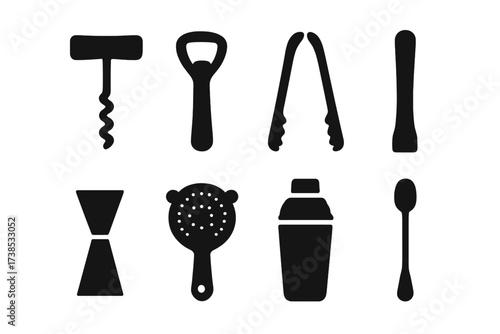 Classic Bar Tools. Solid, filled icon set of old fashioned bar tools: corkscrew, bottle opener, ice tongs, muddler, jigger, strainer, shaker, bar spoon. Solid,