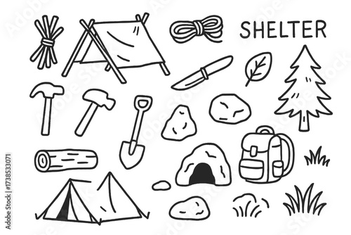 Shelter Building Doodles. Hand-drawn doodle illustration Shelter building sticks, tarp, rope, knife, hammer, rock, leaf, log, axe, shovel, pine tree, tent,