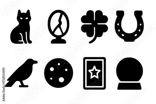 Omen Symbols Icons. Solid, filled icon set of omen symbols: black cat, broken mirror, four-leaf clover, horseshoe, crow, full moon, tarot card, crystal ball.