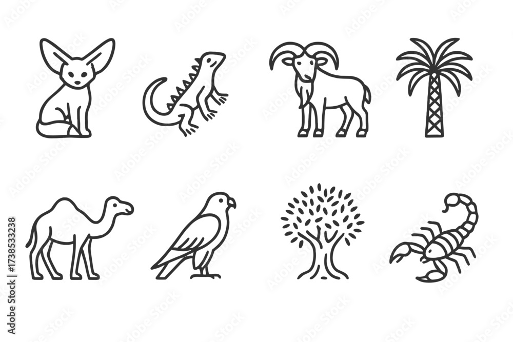 Obraz premium Libyan Wildlife Icons. Outline icon set of Libyan wildlife: Fennec fox, Desert lizard, Barbary sheep, Date palm, Sahara camel, Falcon, Olive tree, Scorpion.