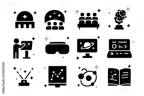 Planetarium Icon Collection. Planetarium experience. Solid icons set of planetarium dome, projection screen, seated audience, star projector, interactive