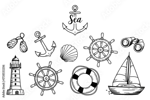 Nautical themed line art featuring a lighthouse sailboat anchors ship wheels life preserver binoculars seashell and sailor's knot in a clean minimalist black and white design