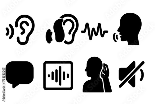 Auditory Icon Set. Solid, filled icon set of auditory senses: ear with waves, hearing aid, sound frequency, whisper sound, speech bubble, sound wave graph,
