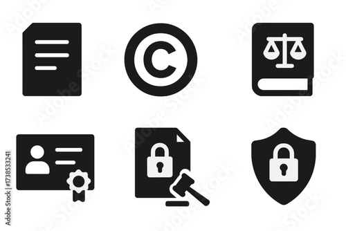 Legal Compliance Icons. Solid, filled icon set of TV network legal and compliance: contract, copyright symbol, gavel, law book, license, NDA, warning sign,