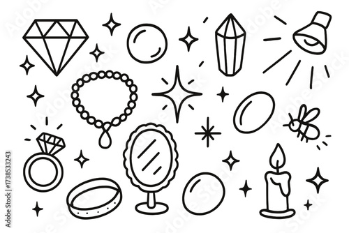 Jewelry Doodle Icons. Hand-drawn doodle illustration jewelry luster diamond, pearl, crystal, sparkle stars, necklace, ring, bracelet, light rays, glitter,