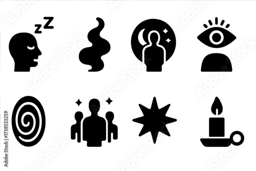 Ancestral Dream Icons. Solid, filled icon set of ancestral dreams and visions: sleeping head, spirit fog, moonlight vision, third eye, dream portal, floating