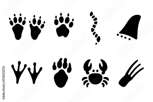 Aquatic Animal Tracks. Solid, filled icon set of aquatic animal tracks: otter footprints, beaver prints, turtle tracks, seal flipper mark, frog footprints,