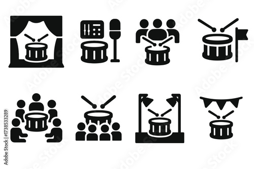 Snare Drum Icons. Solid, filled icon set of snare drum performance settings: concert stage, recording studio, rehearsal room, parade, drum circle, school band,