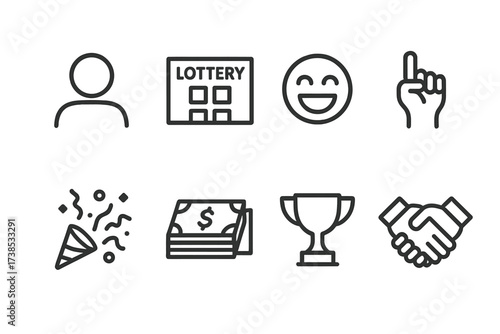 Lottery Icon Set. Outline icon set of lottery players: player silhouette, ticket, excited face, winner hand, confetti, money stack, trophy, handshake. Line