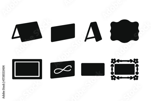 Place Card Icon Set. Solid, filled icon set of place card styles: folded tent card, flat card, escort card, die-cut card, framed card, calligraphy card,