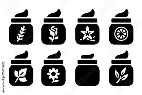 Scented Balm Icons. Solid, filled icon set of cream balm scents: lavender, rose, vanilla, citrus, mint, chamomile, unscented, eucalyptus. Solid, filled icons