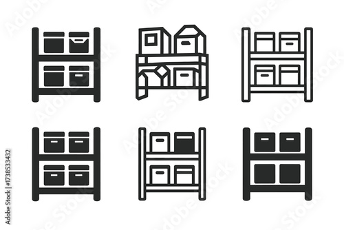 Logo Variations Grid. Tidying workspace. Set Logo of Tidying workspace: Shelf with boxes. harmonious logo variations of the same emblematic concept, each with
