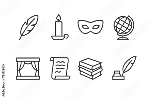 Literature Symbols Icon Set. Outline icon set of famous literature symbols: feather, candle, mask, globe, theater stage, scroll, book stack, quill and ink.