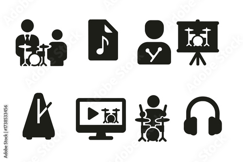 Drum Kit Icons Grid. Solid, filled icon set of drum kit education: music teacher, student, sheet music, metronome, lesson plan, video tutorial, practice