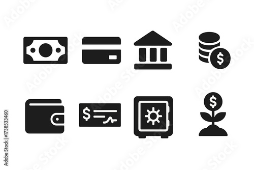 Budget Finance Icons. Solid, filled icon set of budget finance: cash, credit card, bank, coins, wallet, check, safe, investment. [Solid, filled icons in only