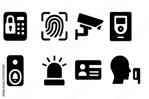 Entrance Security Icons. Solid, filled icon set of entrance security: keypad lock, fingerprint scanner, security camera, intercom, doorbell, alarm system,