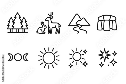 Supernatural and Religious Icons. Outline icon set of supernatural beings: angel wings, demon tail, ghost sheet, wizard hat, mermaid tail, troll club, banshee