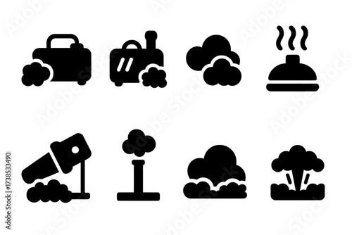 Fog Machine Icons. Solid, filled icon set of fog machines and effects: fog machine, smoke machine, haze effect, diffuser, light beam in fog, fog nozzle, stage