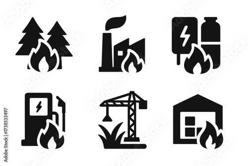 Fire Risk Icon Set. Solid, filled icon set of fire risk environments: forest fire, factory blaze, electrical panel, chemical storage, gas station,