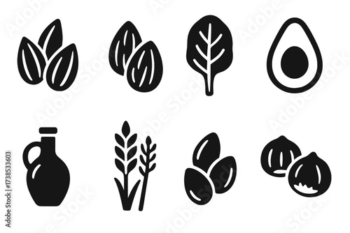 Vitamin E Sources Icons. Solid, filled icon set of vitamin E sources: sunflower seeds, almonds, spinach, avocado, olive oil, wheat germ, pumpkin seeds,