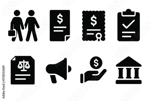 Bond Issuance Icons. Solid, filled icon set of bond issuance: underwriting, prospectus, bond certificate, registration, legal document, offer, announcement,