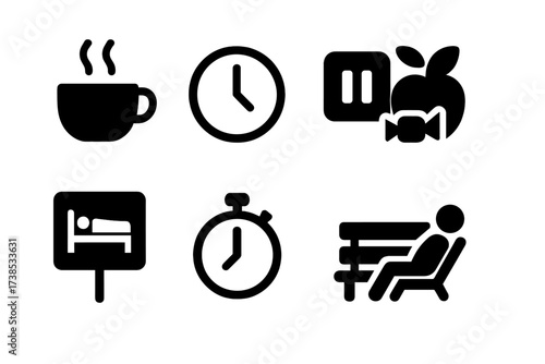 Break Time Icons. Solid, filled icon set of break intervals: coffee cup, clock, pause button, snack, rest area, timer, bench, relaxation. [Line icons in only