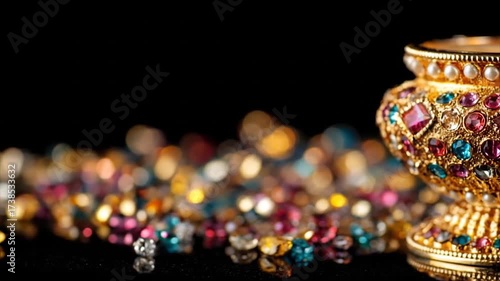 Decorative candle holder with jewels and pearls against a black background